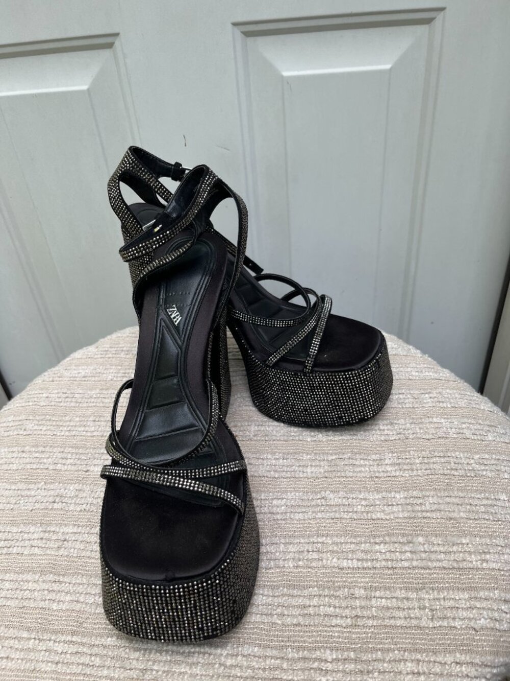 Zara Rhinestone Chunky High Heeled Platform Sandals Black & Silver Sz 41 10/10.5 - Picture 5 of 7